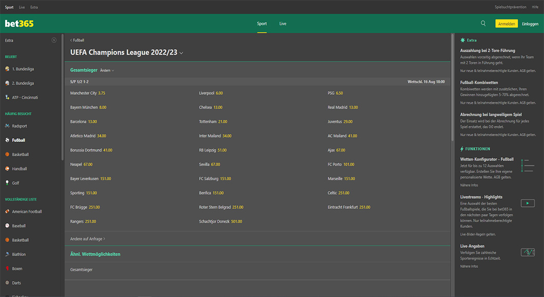  Champions League Wetten auf der bet365 Homepage.