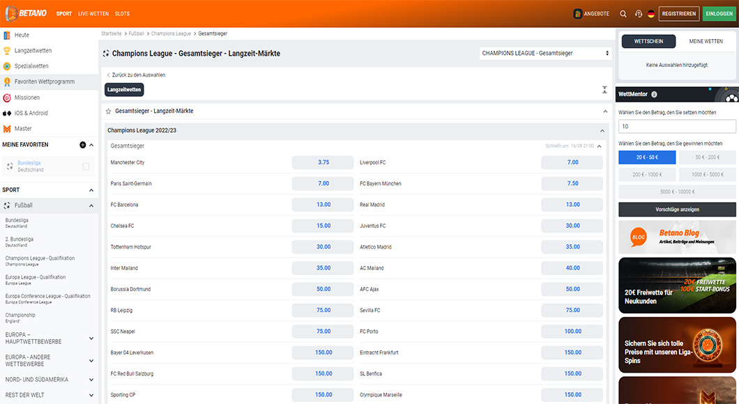  Champions League Wetten auf der Betano Homepage.