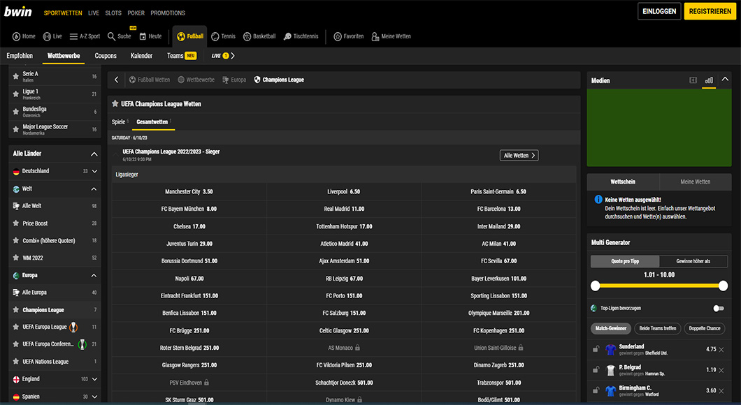  Champions League Wetten auf der bwin Homepage.