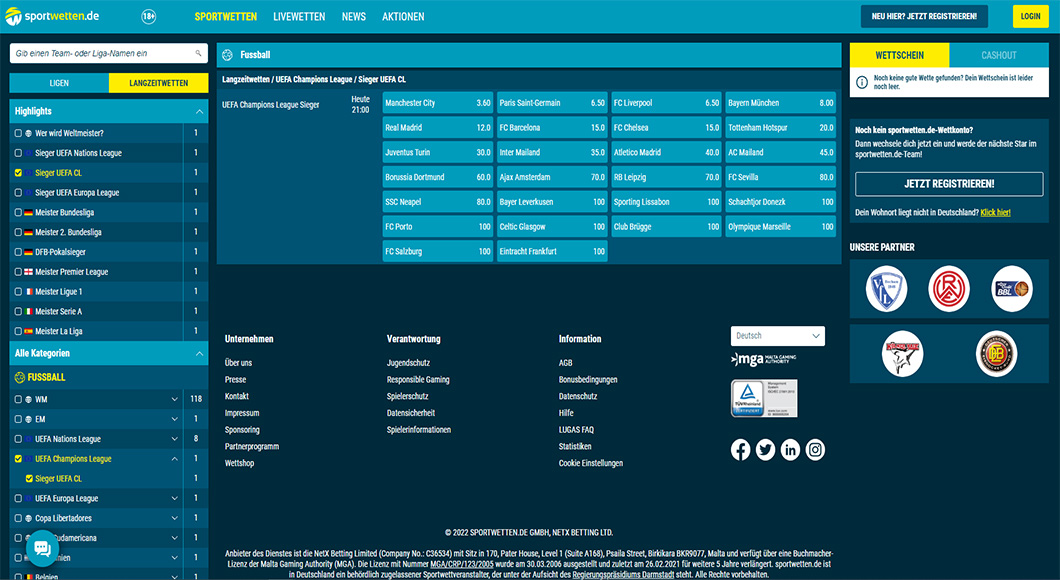  Champions League Wetten auf der sportwetten.de Homepage.