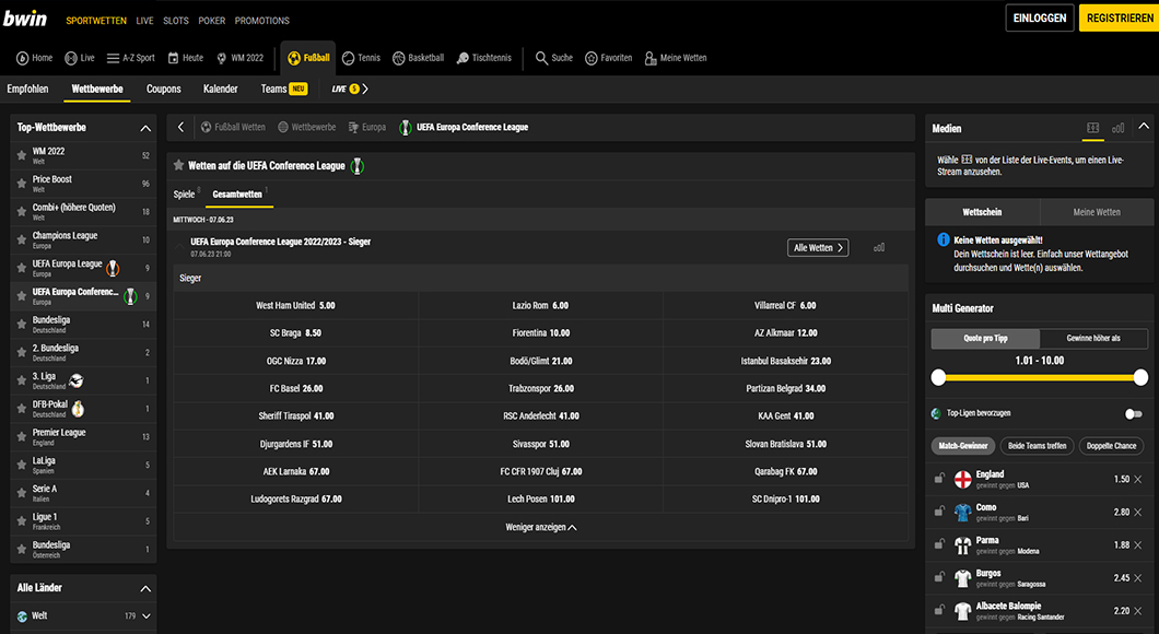 Europa Conference League Wetten auf der bwin Homepage.