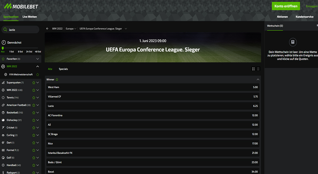 Europa Conference League Wetten auf der Mobilebet Homepage.