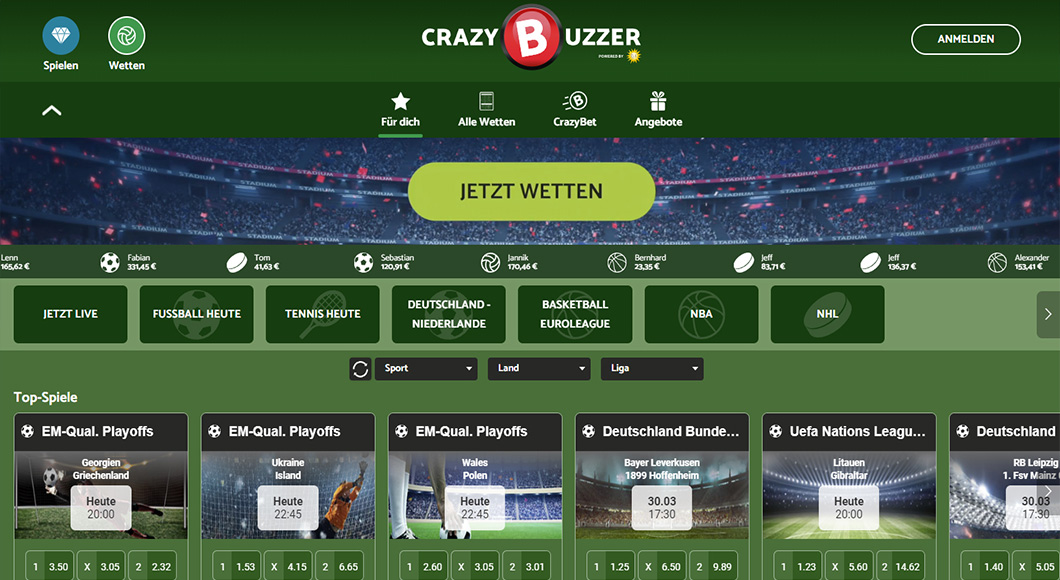  Die CrazyBuzzer Webseite mit dem Sportwetten Angebot