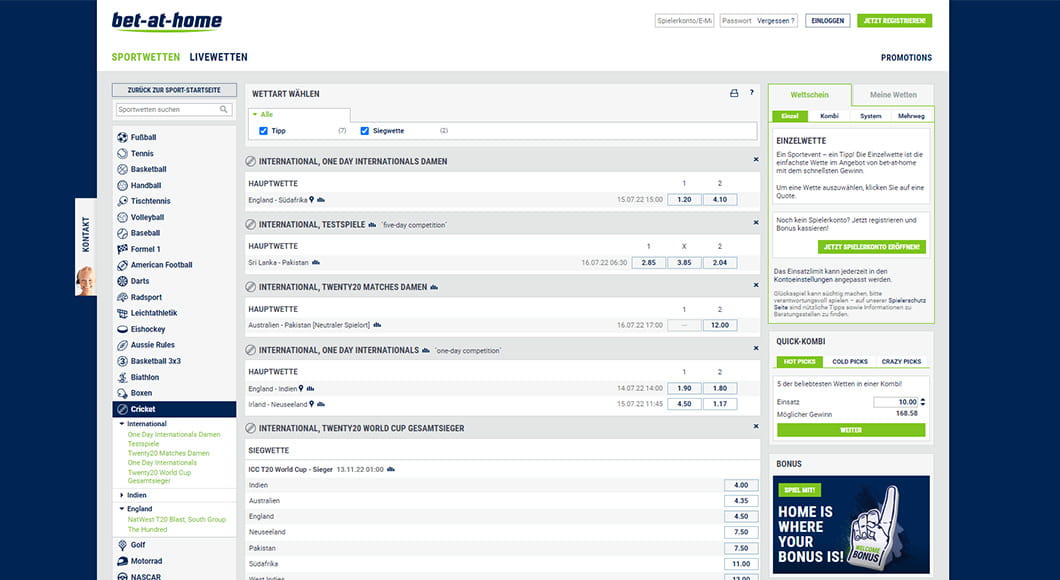 Cricket Wetten auf der bet-at-home Webseite.