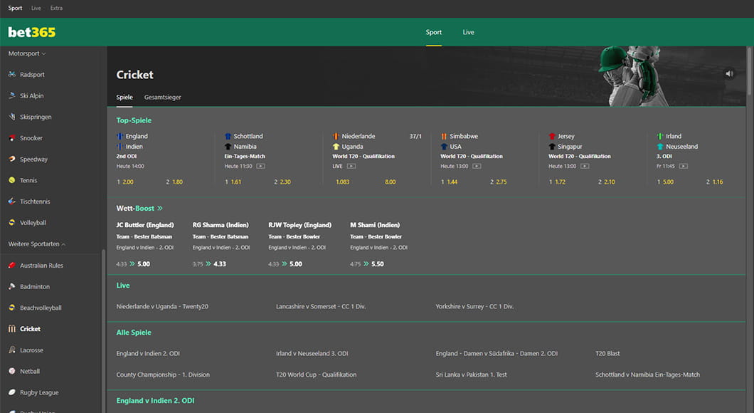 Cricket Wetten auf der bet365 Webseite.