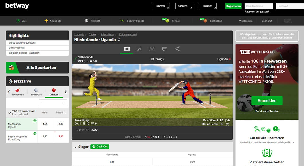 Cricket Wetten auf der Betway Webseite.