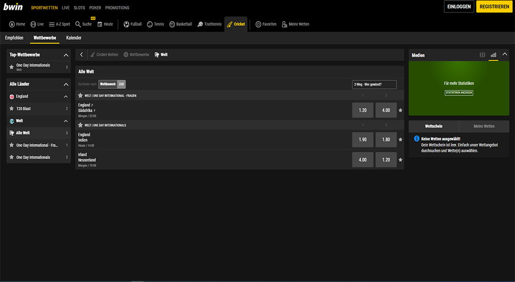 Cricket Wetten auf der bwin Webseite.