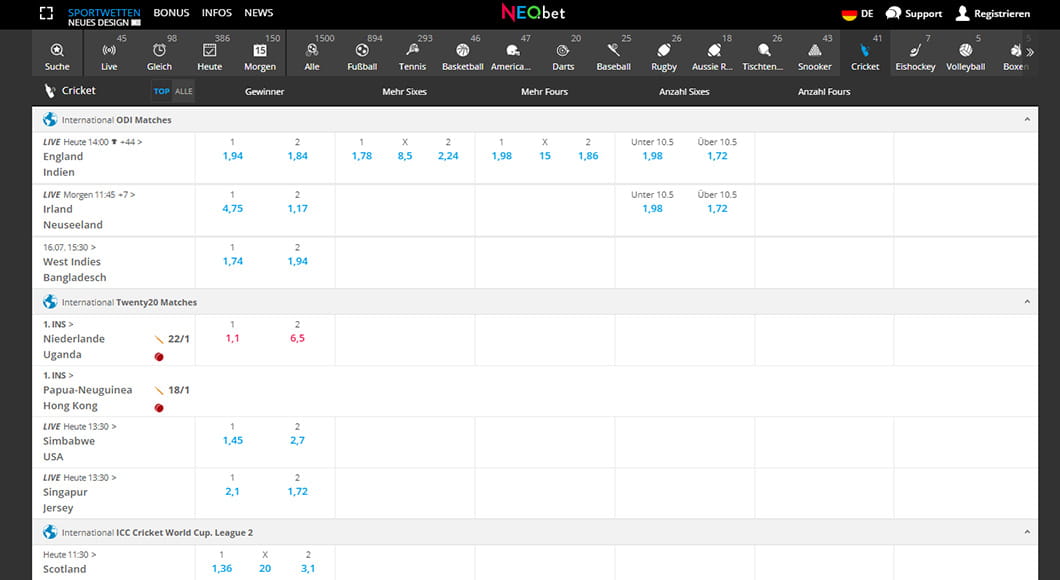 Cricket Wetten auf der NEO.bet Webseite.