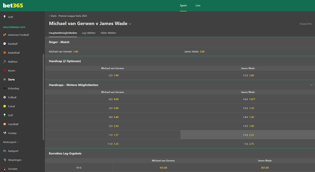 Darts Wetten auf der bet365 Webseite.