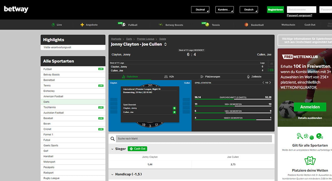 Darts Wetten auf der Betway Webseite.