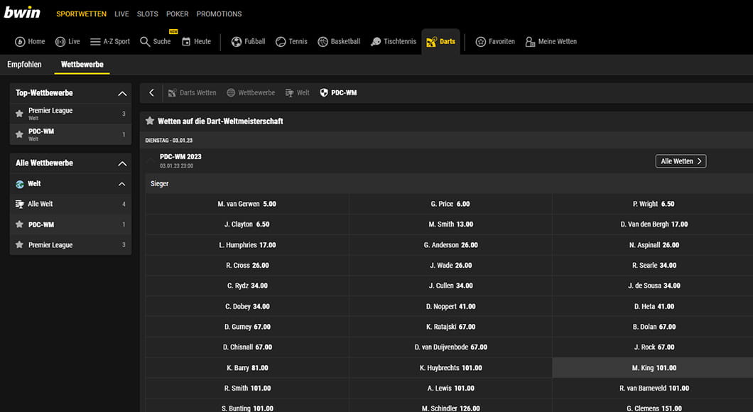 Darts Wetten auf der bwin Webseite.