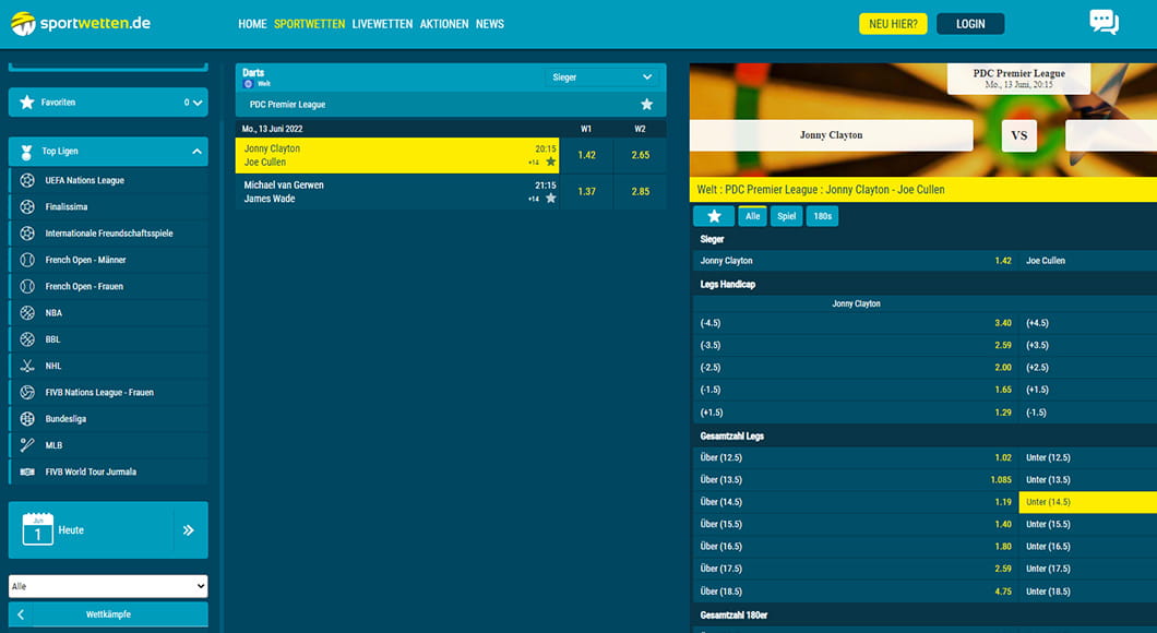 Darts Wetten auf der sportwetten.de Webseite.