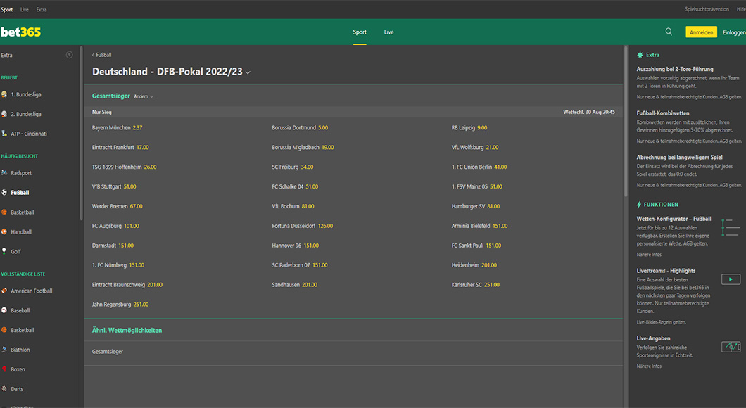  DFB Pokal Wetten auf der bet365 Homepage.