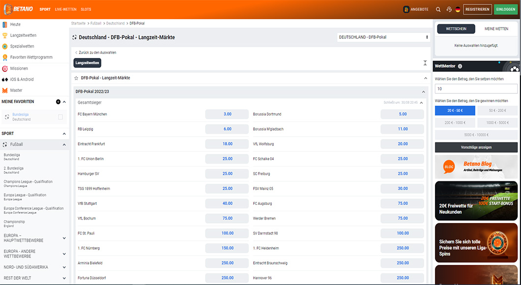  DFB Pokal Wetten auf der Betano Homepage.