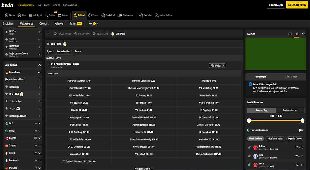  DFB Pokal Wetten auf der bwin Homepage.