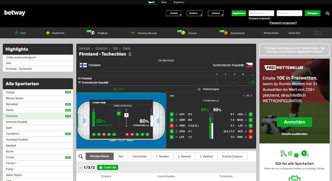 Eishockey Wetten auf der Betway Webseite.