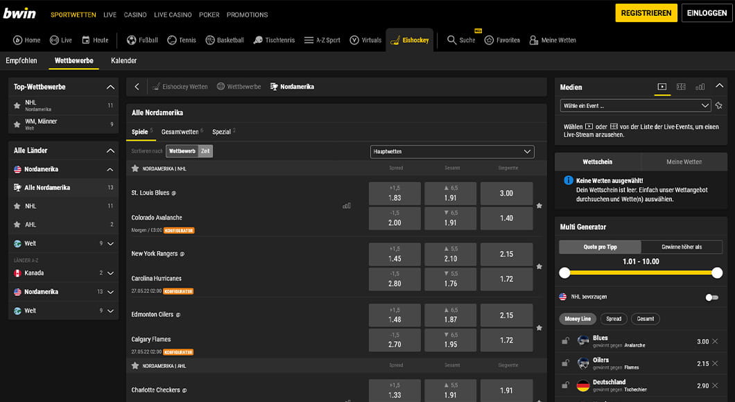 Eishockey Wetten auf der bwin Webseite.