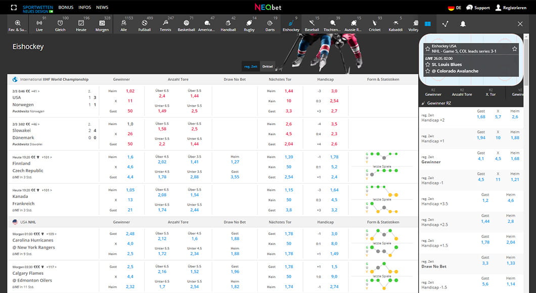 Eishockey Wetten auf der NEO.bet Webseite.