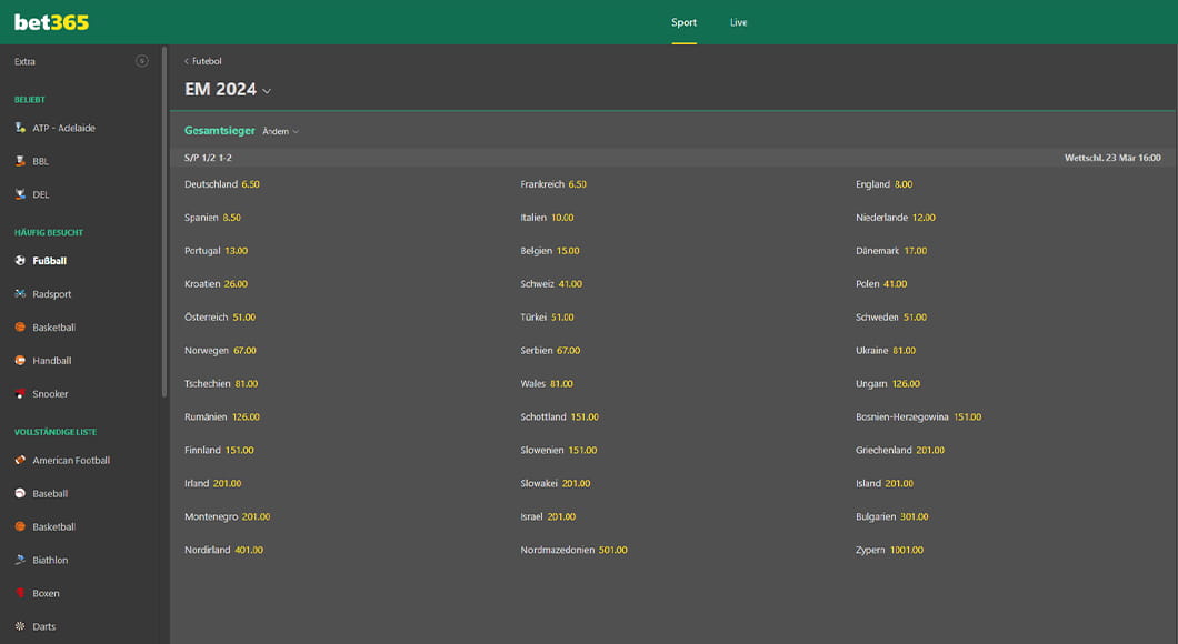 EM Wetten auf der bet365 Homepage.