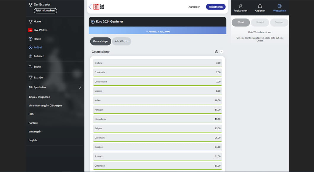 EM Wetten auf der BildBet Homepage.
