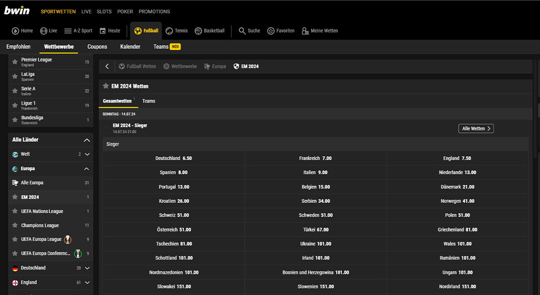 EM Wetten auf der bwin Homepage.