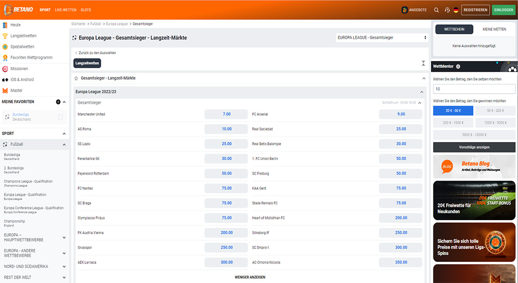  Europa League Wetten auf der Betano Homepage.