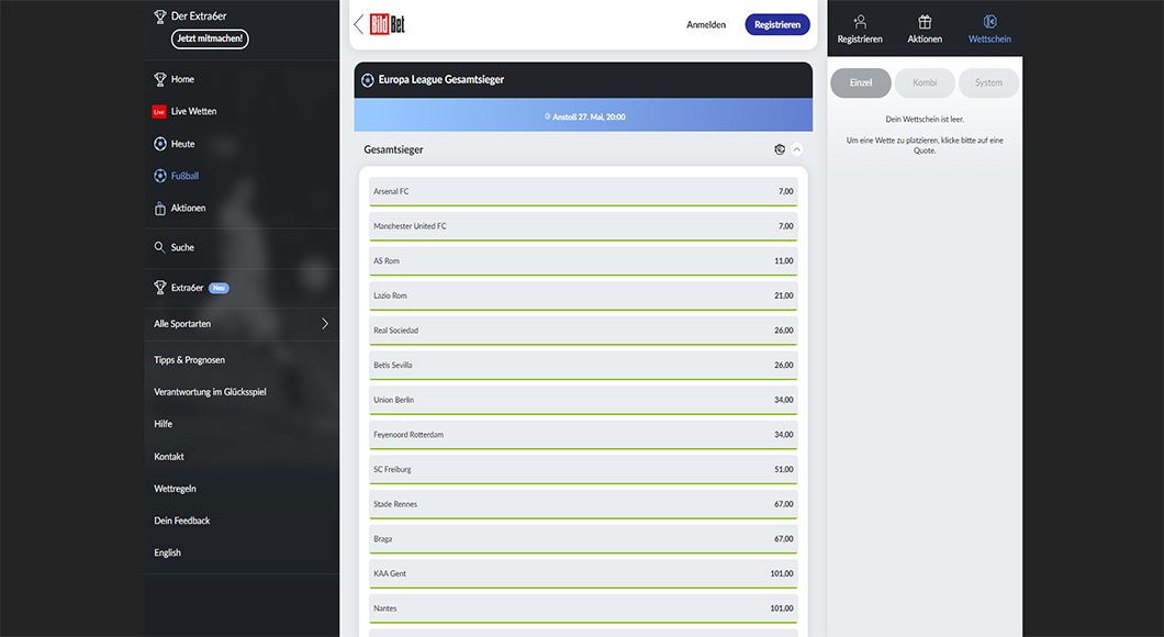  Europa League Wetten auf der BildBet Homepage.