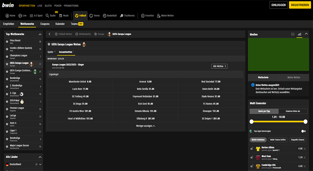  Europa League Wetten auf der bwin Homepage.