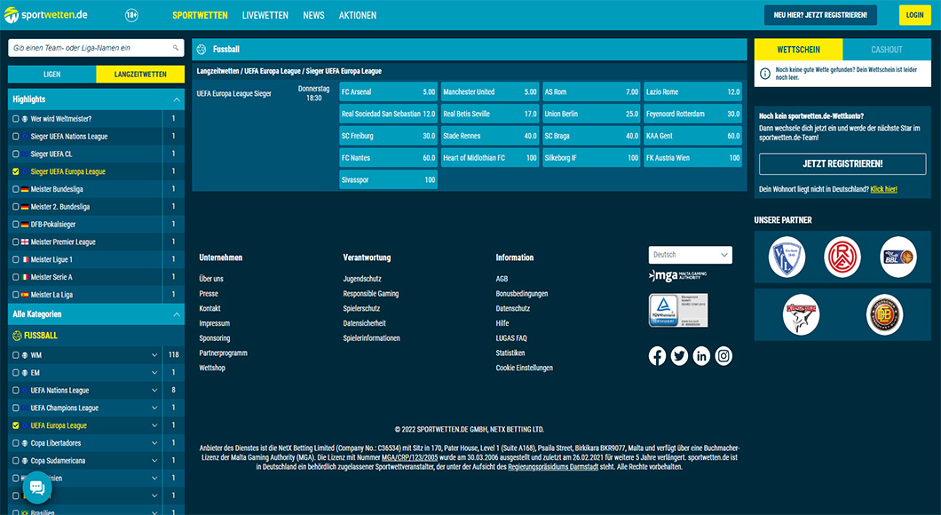  Europa League Wetten auf der sportwetten.de Homepage.