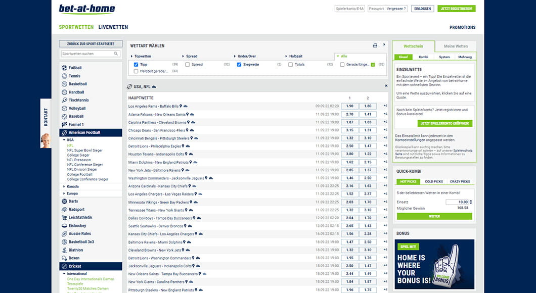 American Football Wetten auf der bet-at-home Webseite.