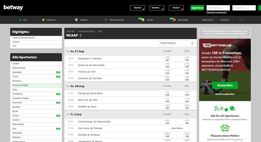 American Football Wetten auf der Betway Webseite.