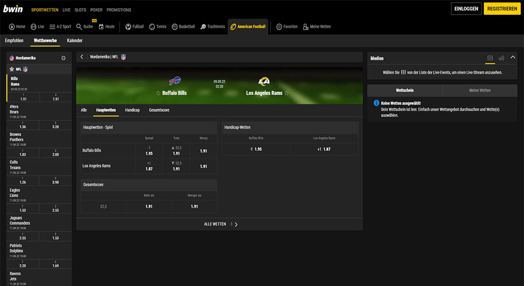 American Football Wetten auf der bwin Webseite.