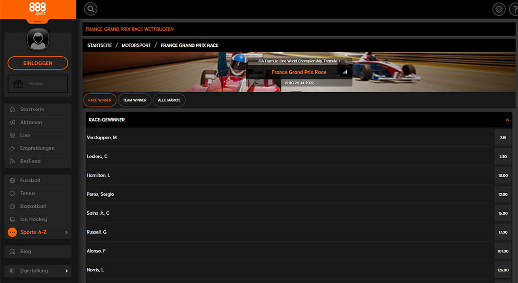 Formel 1 Wetten auf der 888sport Webseite.