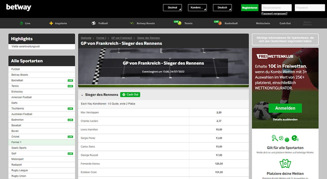 Formel 1 Wetten auf der Betway Webseite.