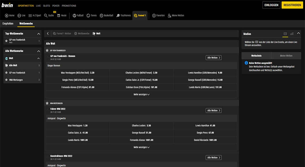 Formel 1 Wetten auf der bwin Webseite.