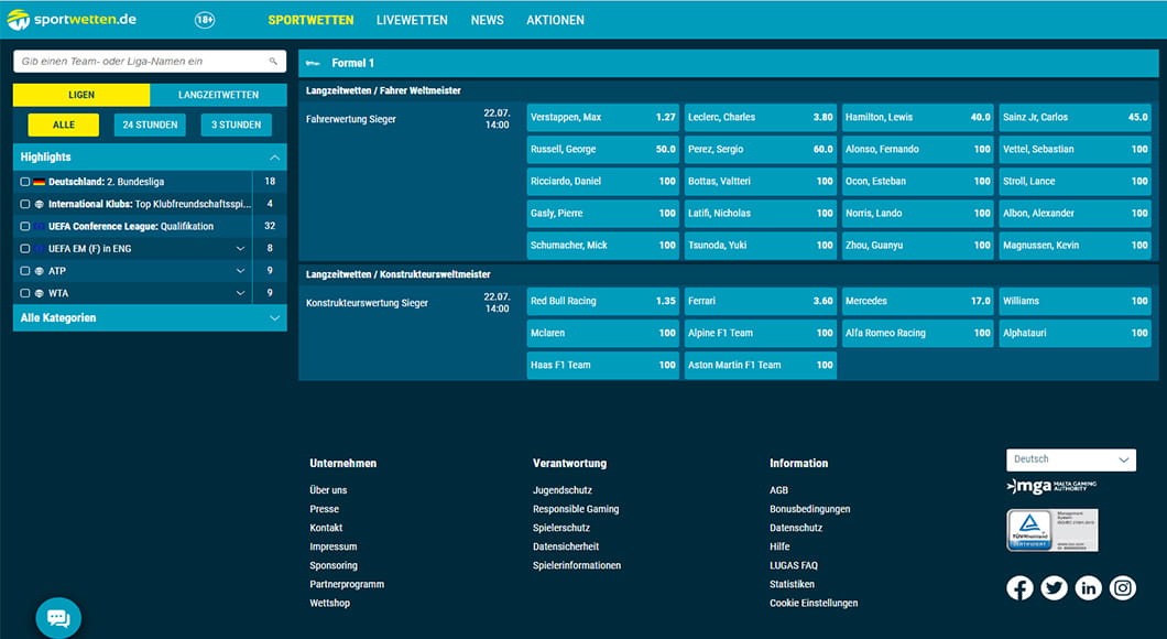 Formel 1 Wetten auf der sportwetten.de Webseite.