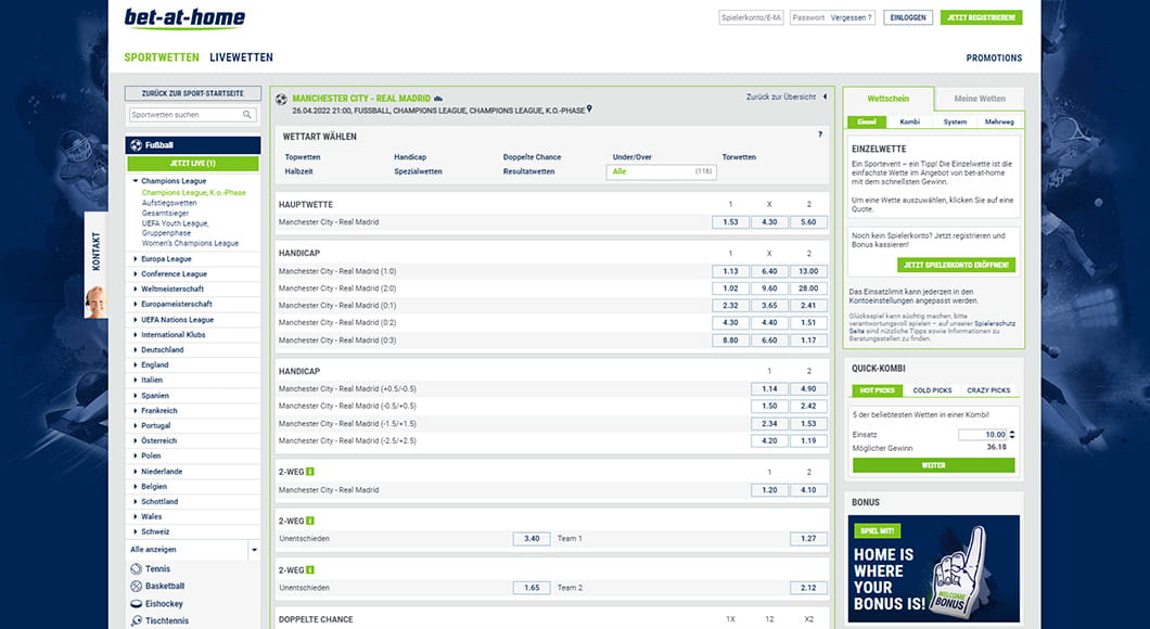 Fußball Wetten auf der bet-at-home Webseite.