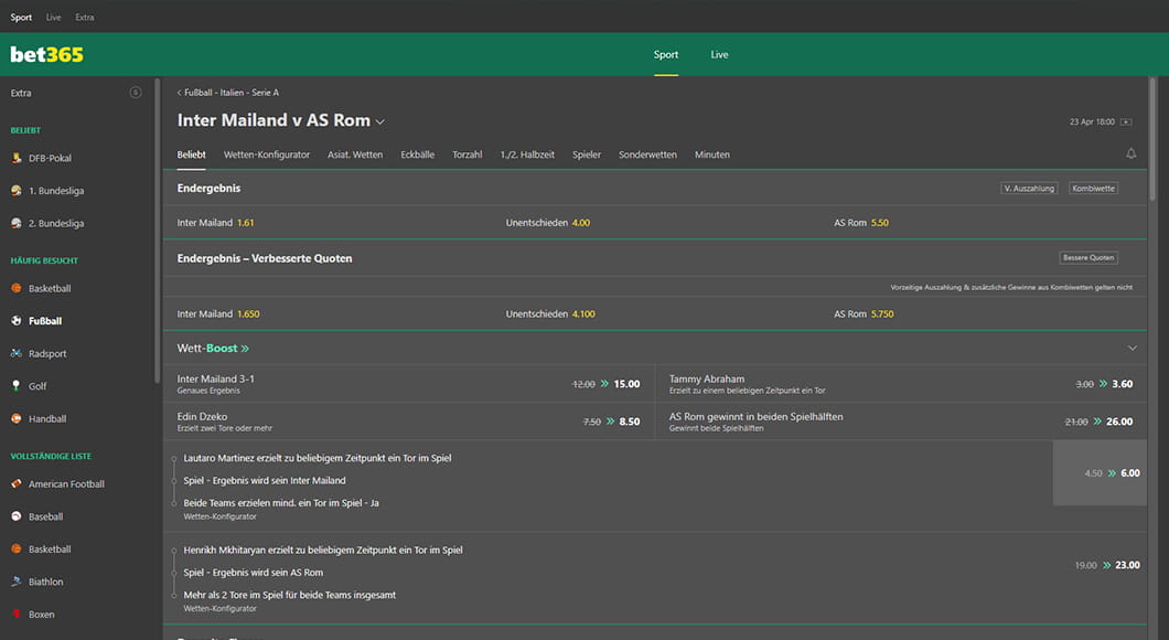 Fußball Wetten auf der bet365 Webseite.