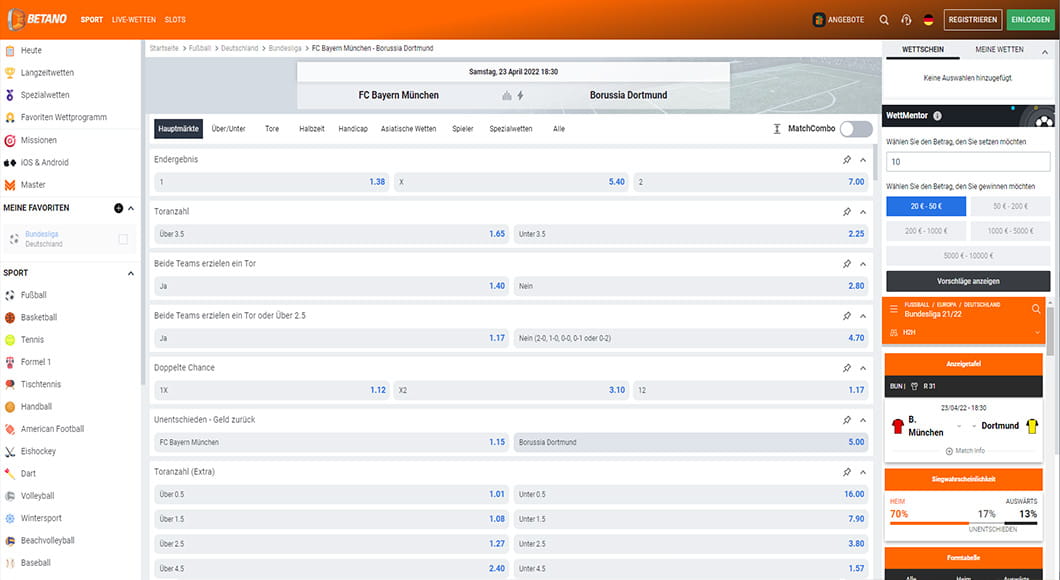 Fußball Wetten auf der Betano Webseite.