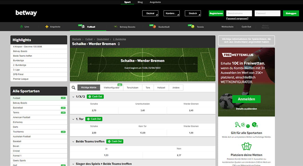 Fußball Wetten auf der Betway Webseite.