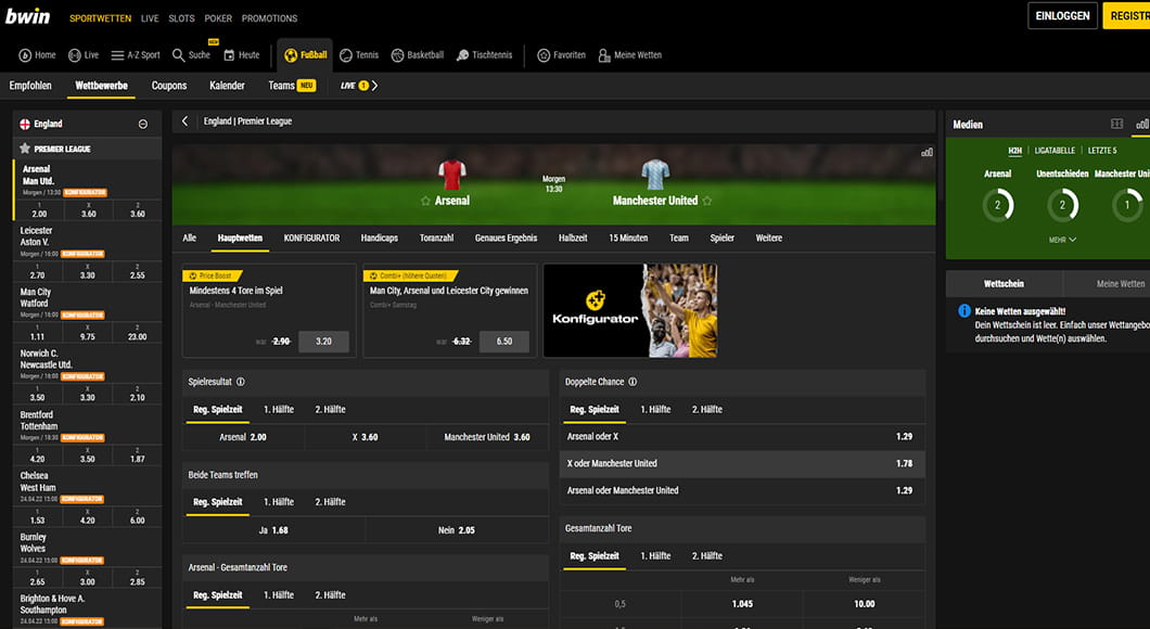 Fußball Wetten auf der bwin Webseite.