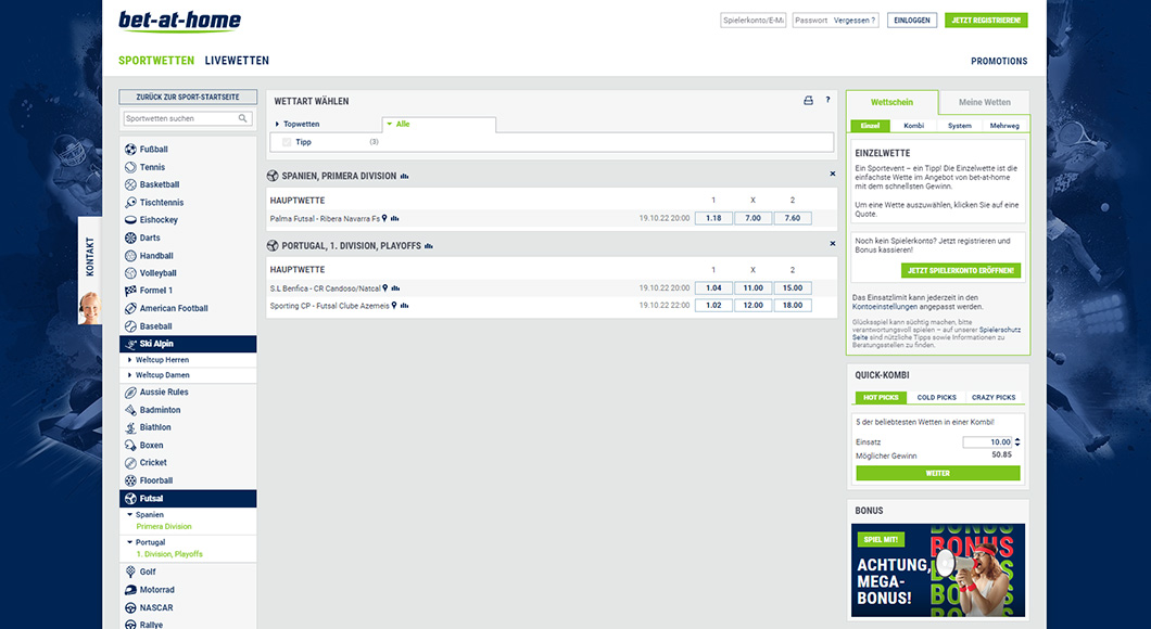 Futsal Wetten auf der bet-at-home Webseite.