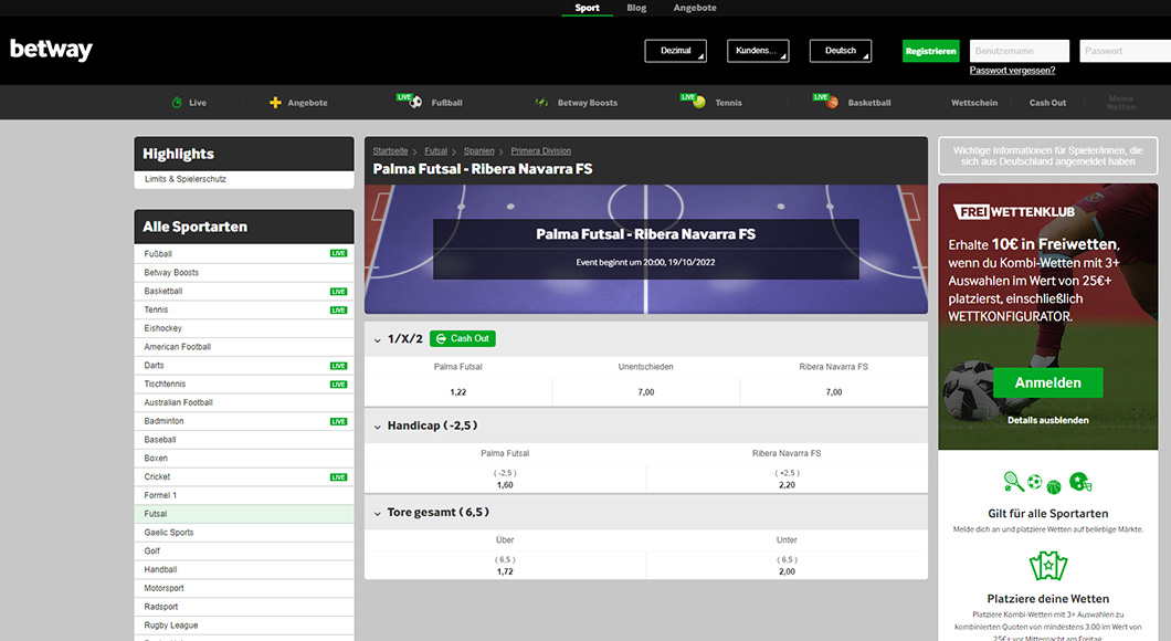 Futsal Wetten auf der Betway Webseite.