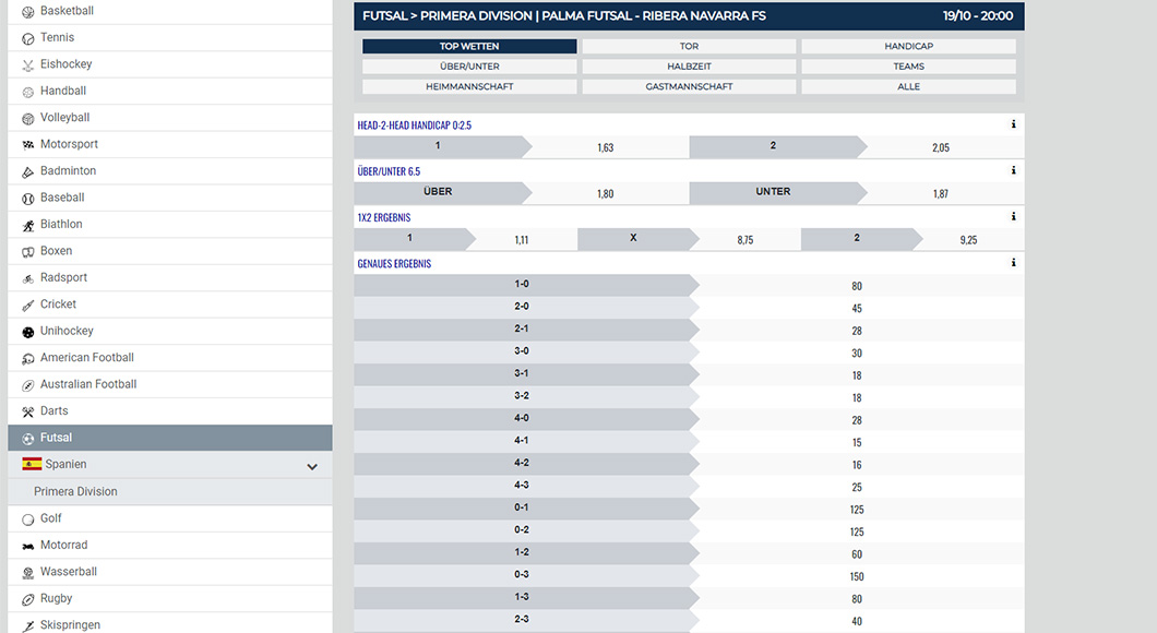 Futsal Wetten auf der HAPPYBET Webseite.