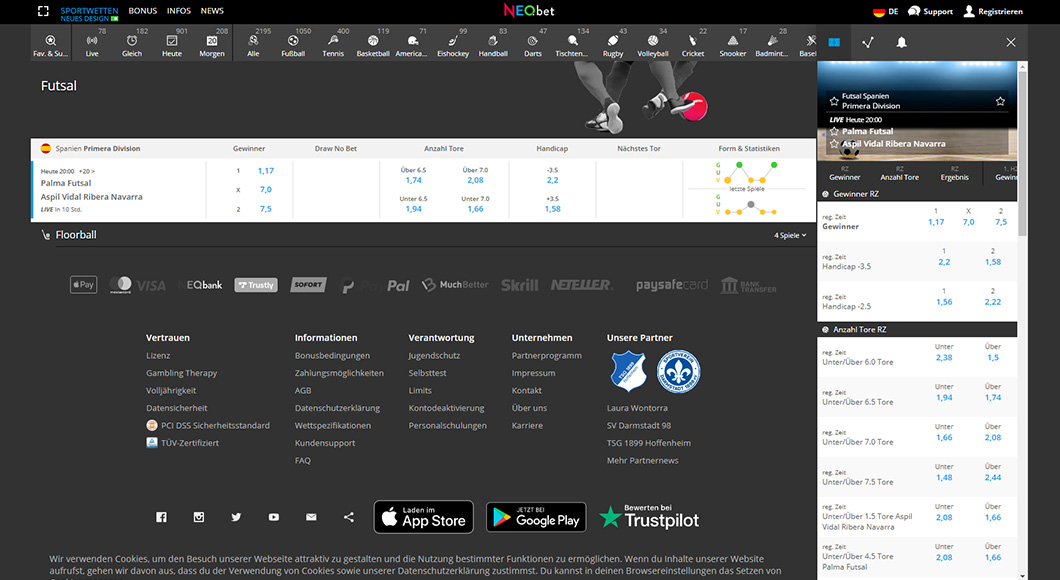Futsal Wetten auf der NEO.bet Webseite.