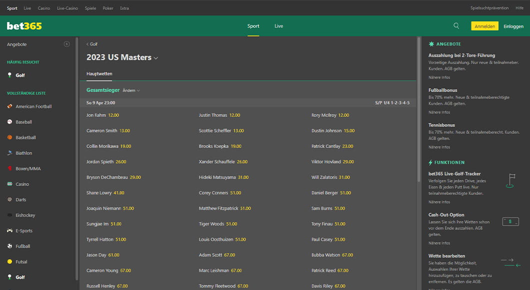 Golf Wetten auf der bet365 Webseite.