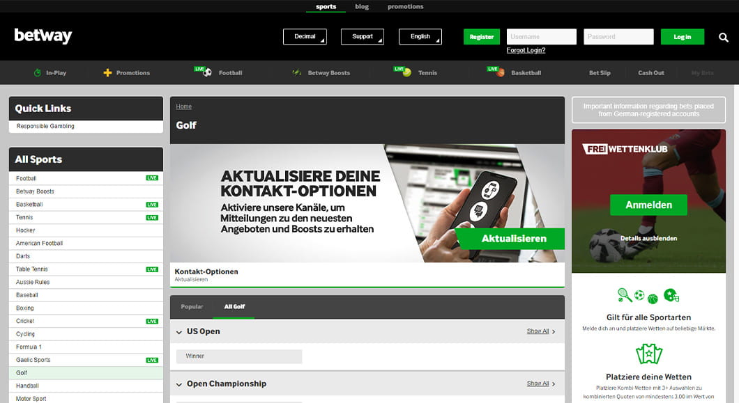 Golf Wetten auf der Betway Webseite.