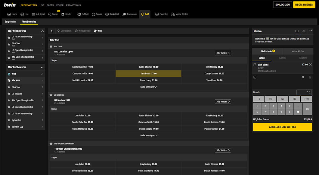 Golf Wetten auf der bwin Webseite.