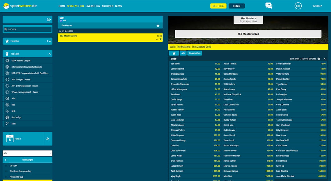 Golf Wetten auf der sportwetten.de Webseite.