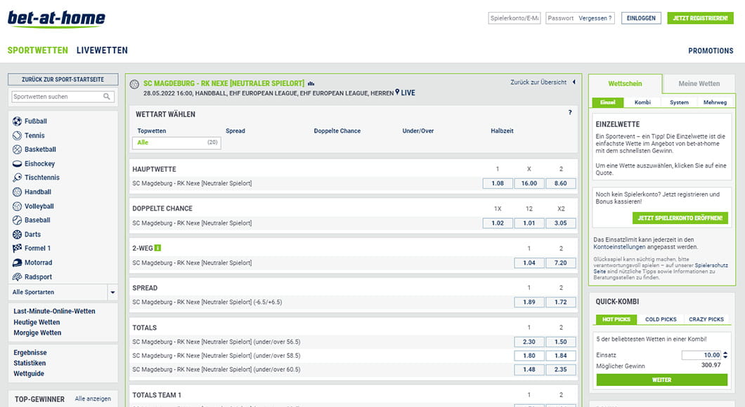 Handball Wetten auf der bet-at-home Webseite.